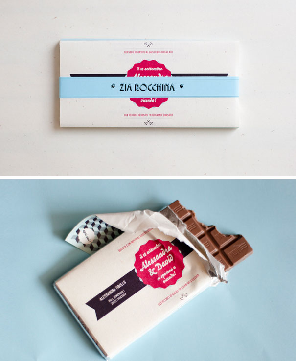 Creative wedding invitations designed as chocolate bars with personalized wrappers for a unique and irresistible touch.