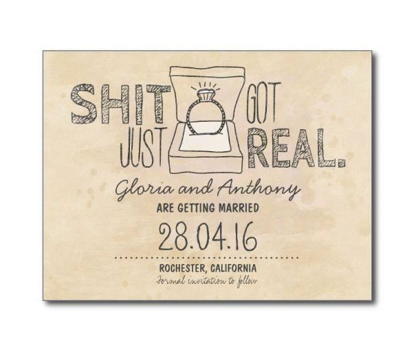 Funny creative wedding invitation card featuring a hand-drawn ring and modern typography on a beige background.