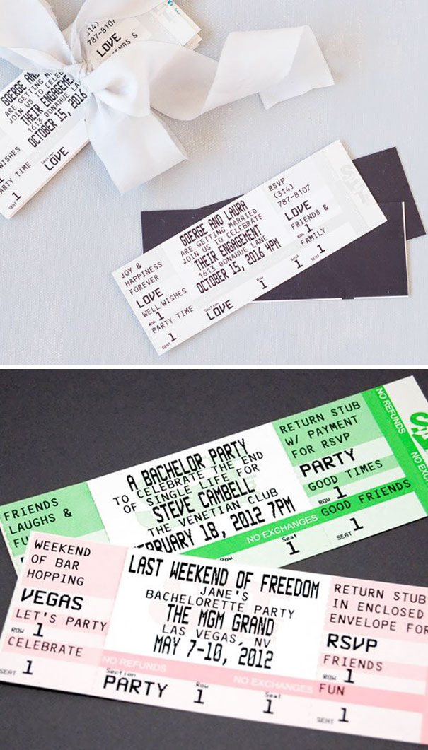 Creative wedding invitations designed as event tickets with personalized text and festive details on light and dark backgrounds.