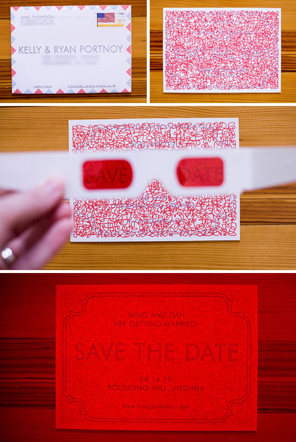 Creative wedding invitations with hidden message revealed using red lenses for save the date announcement on wood background.