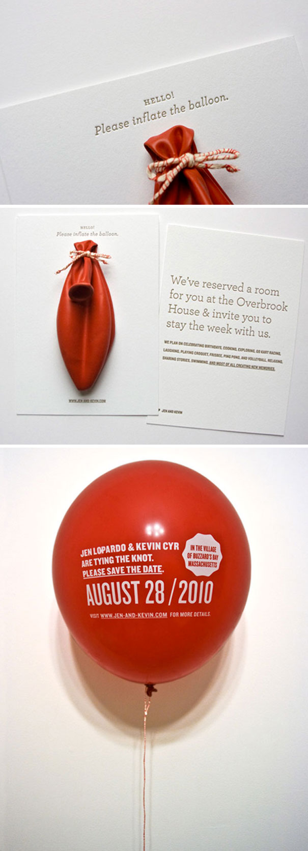 Creative wedding invitation featuring a red balloon that guests are asked to inflate with event details printed on it.