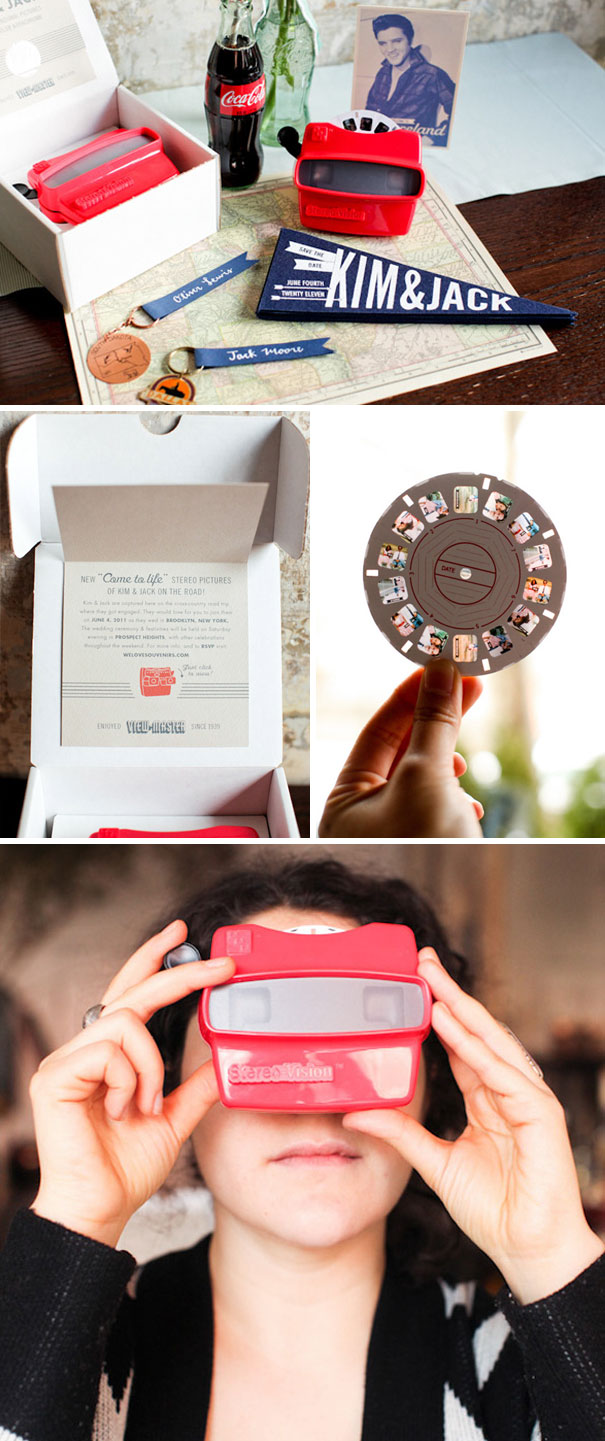 Creative wedding invitations featuring personalized vintage View-Master reels and unique keepsakes for memorable wedding announcements.