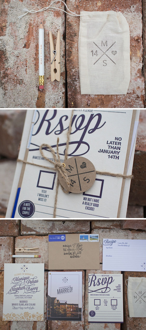 Rustic creative wedding invitations set with RSVP cards, personalized tags, and natural twine on a brick background.