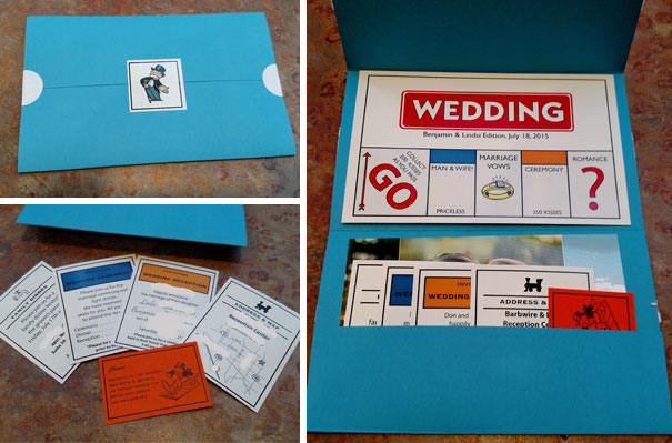 Blue creative wedding invitation folder with multiple colorful cards and playful design elements inside.