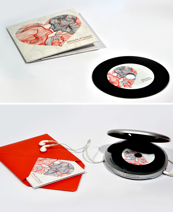 Creative wedding invitations styled as a vinyl record with matching envelope and illustrated cover art in red and gray tones.