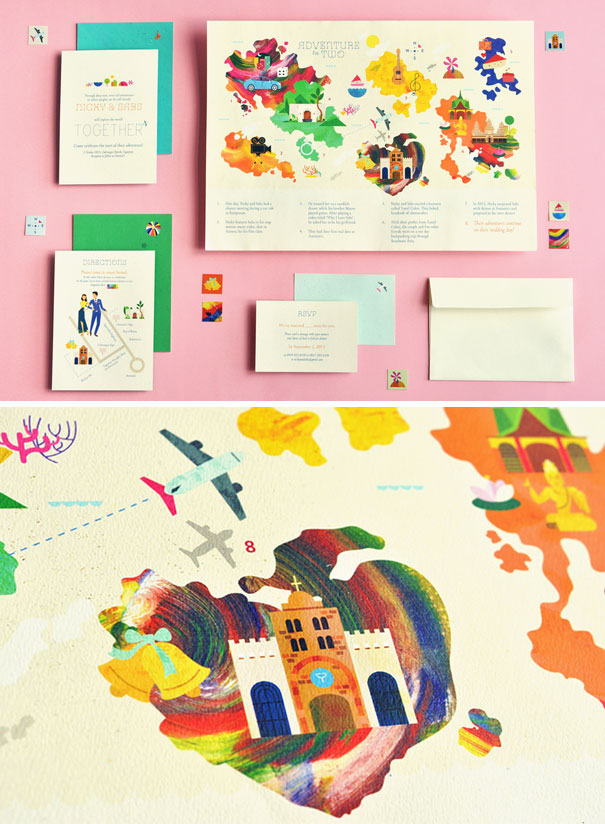 Colorful creative wedding invitations with map illustrations, envelopes, and RSVP cards on a pink background.