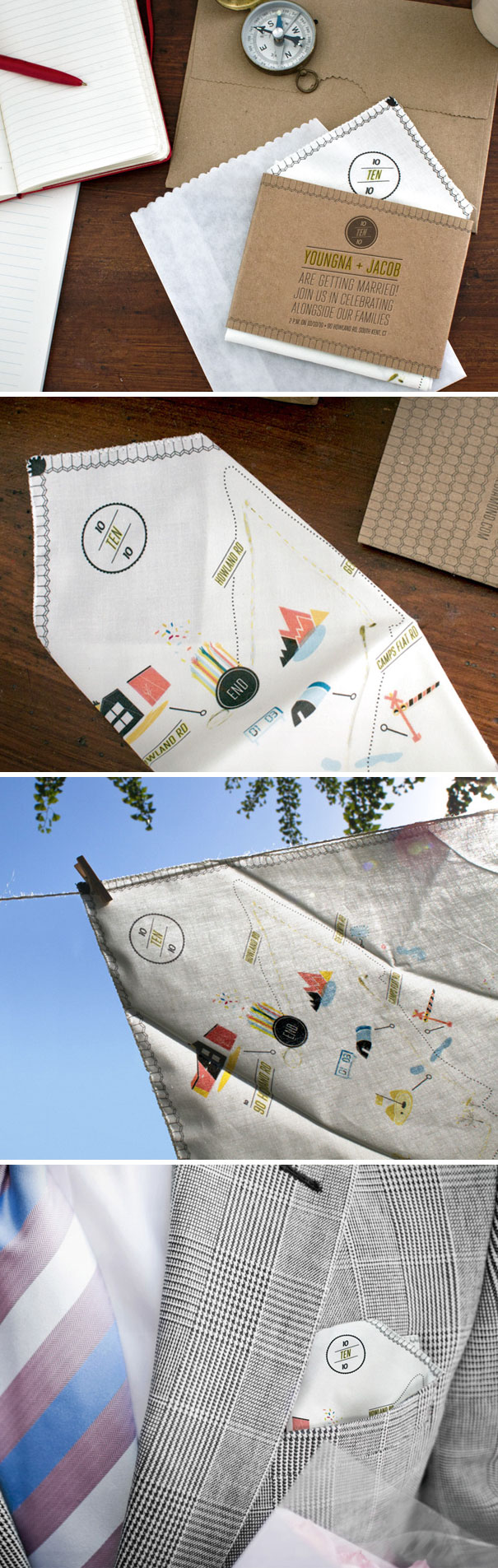 Creative wedding invitations featuring a unique fabric map design with vibrant colors and personalized details.