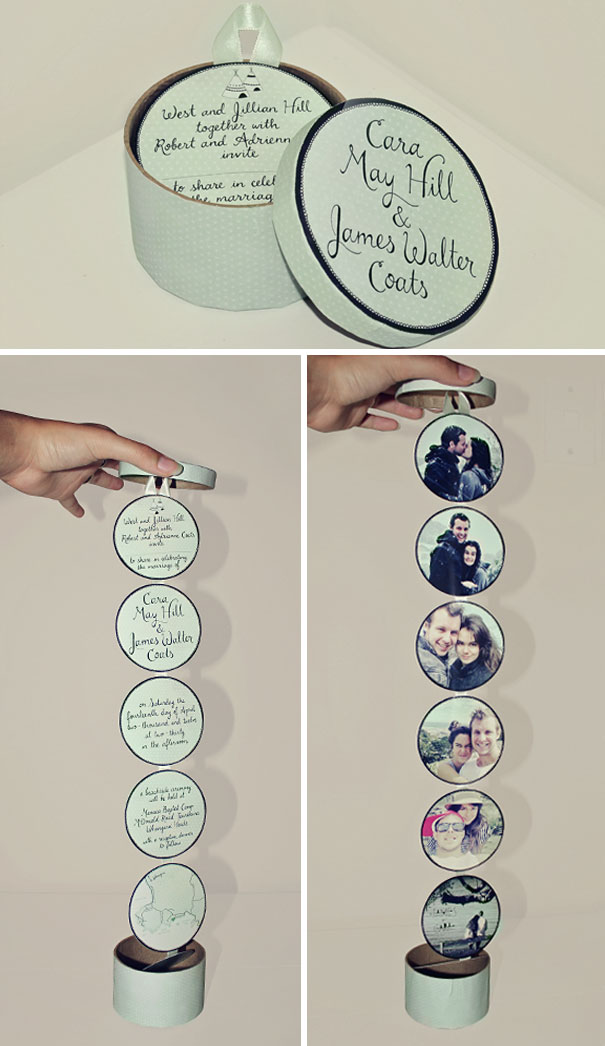 Round creative wedding invitations in a unique pull-out box design featuring handwritten text and personal photos.