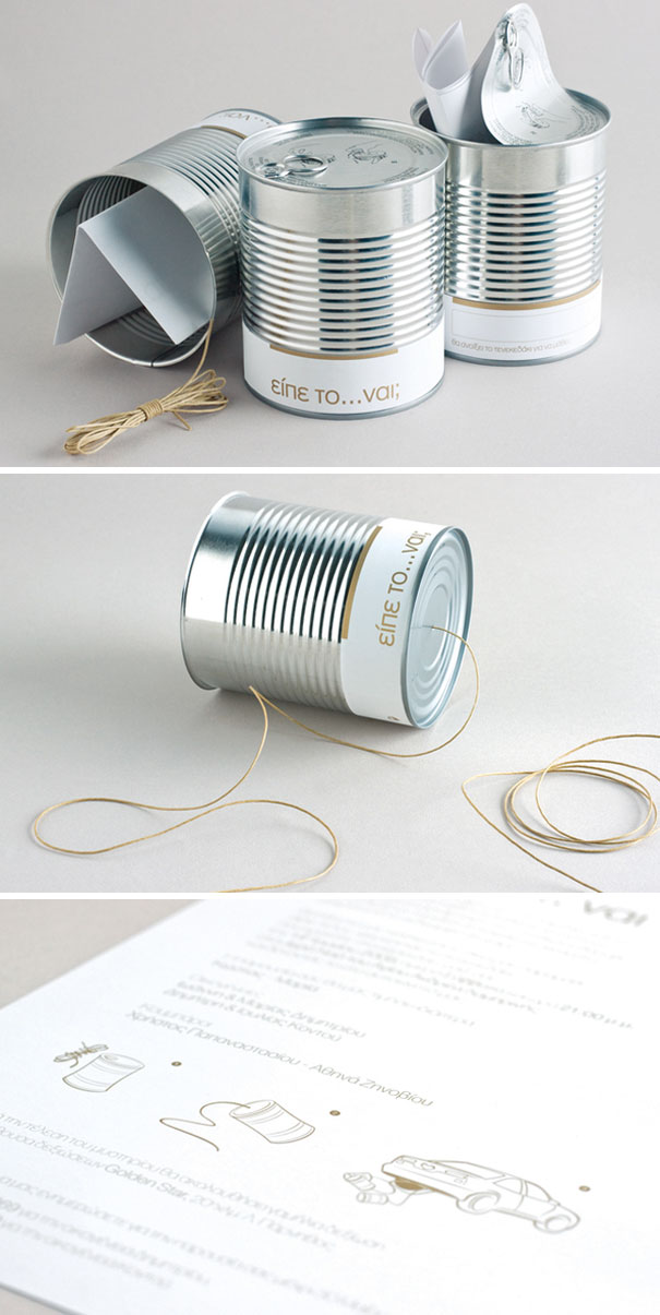 Creative wedding invitations presented as tin cans with paper messages inside and string for a unique communication style.