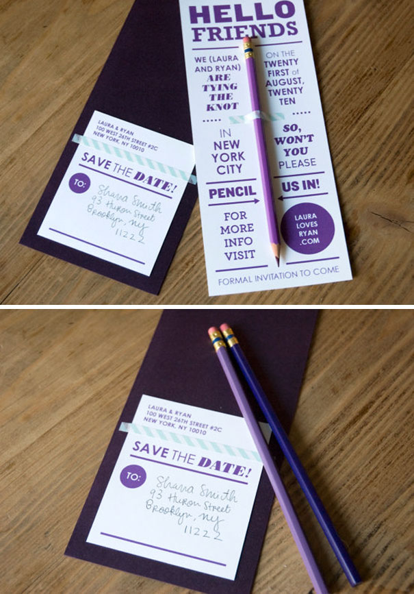 Creative wedding invitations with purple accents, pencils, and handwritten save the date on a wooden surface.