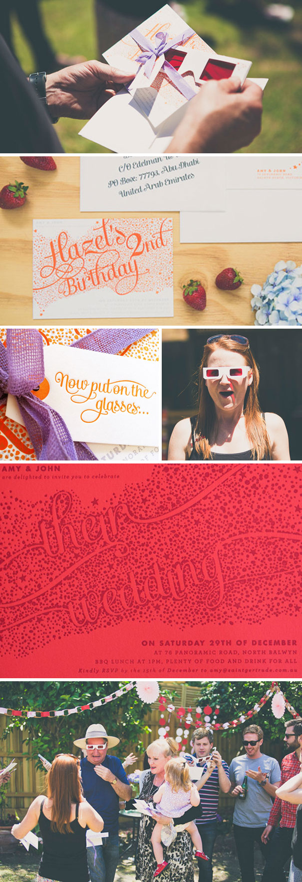 Hands holding creative wedding invitations with ribbons, calligraphy, and a group celebrating outdoors wearing 3D glasses.