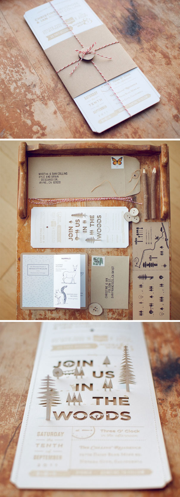 Creative wedding invitations with rustic woodland theme, featuring cut-out trees and natural brown paper details on wooden background.