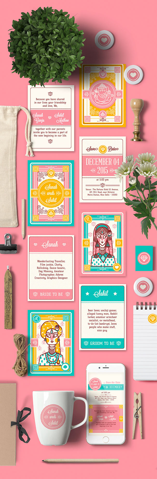Colorful creative wedding invitations and stationery set with floral and illustrated elements on a pink background.