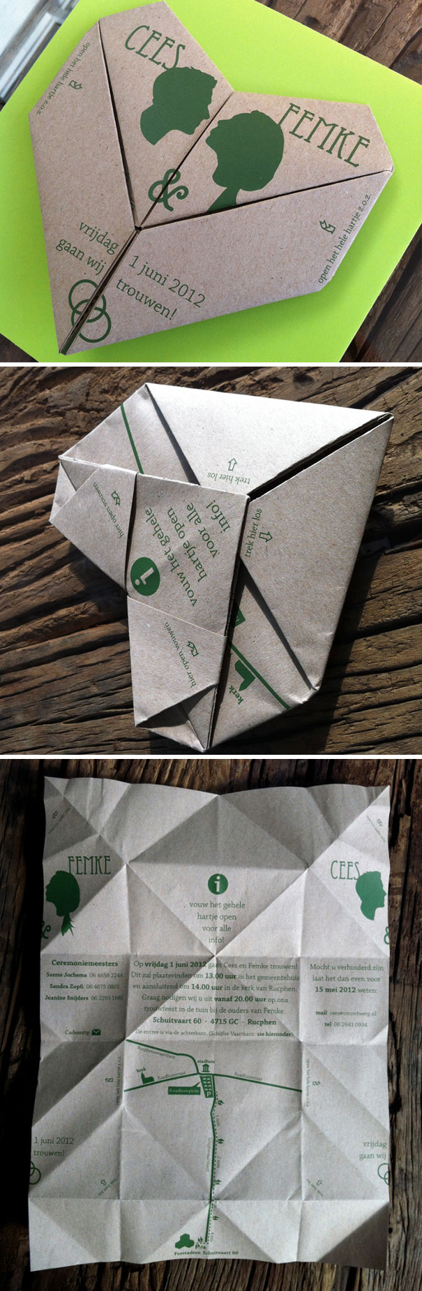 Creative wedding invitations made from folded kraft paper with green print and unique origami heart design on wooden surface.