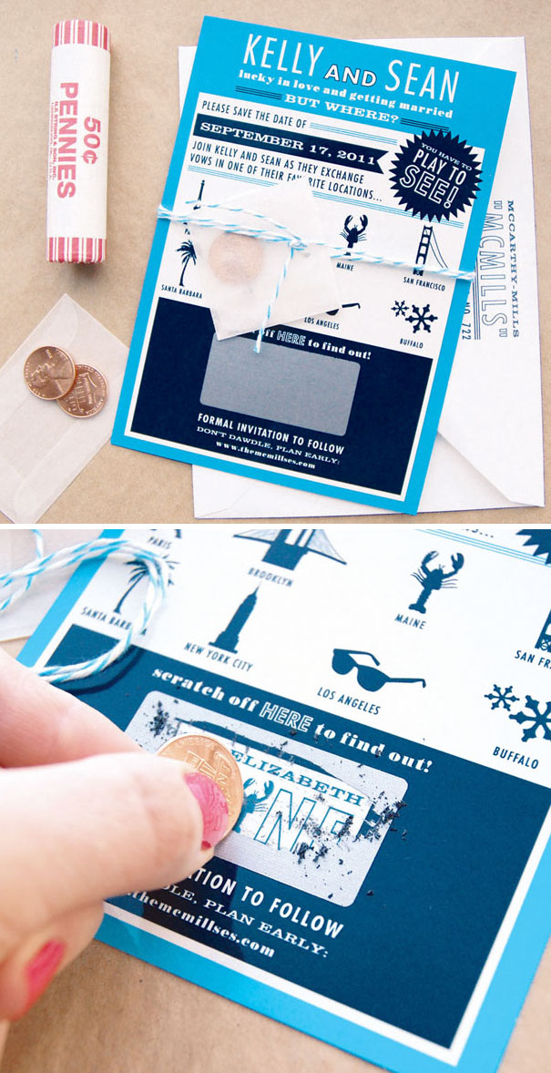 Creative wedding invitation with a scratch-off section, coins, and playful design elements for an interactive guest experience.