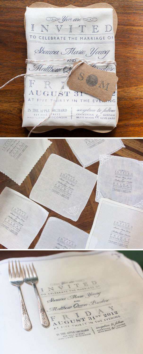 Unique creative wedding invitations printed on fabric with elegant typography and rustic design details, tied with twine and tags.