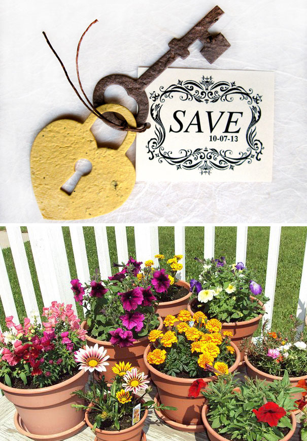 Rustic creative wedding invitations featuring a key and heart lock with save the date tag in vintage style.