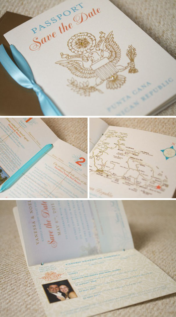 Creative wedding invitations designed like a passport with maps, photos, and elegant save the date details.