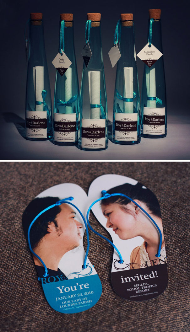 Unique creative wedding invitations featuring message bottles and personalized photo tags with blue accents for an unforgettable invite design.