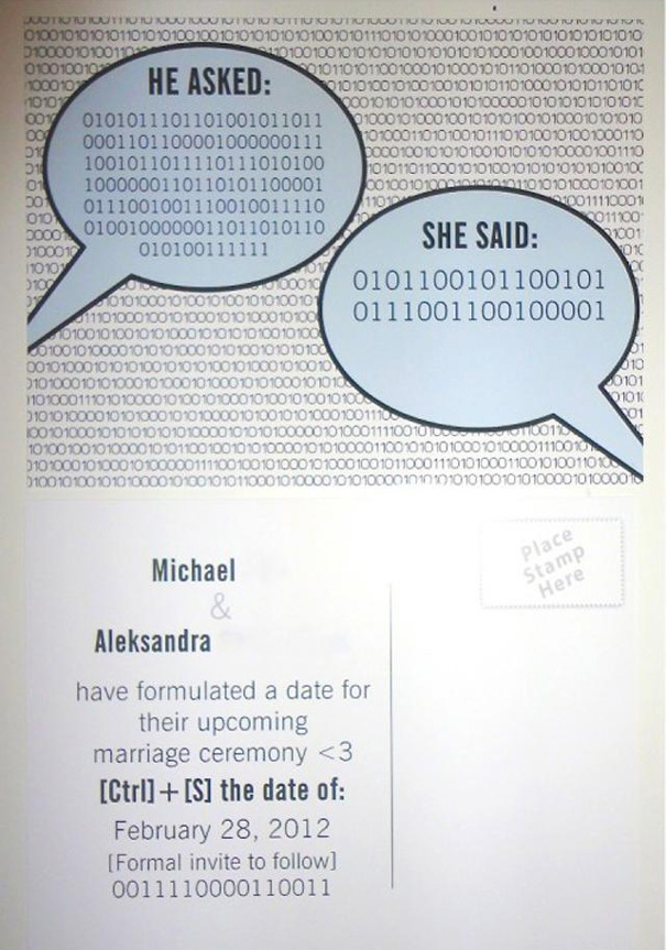 Creative wedding invitations featuring binary code speech bubbles for a unique and tech-inspired marriage ceremony save the date.