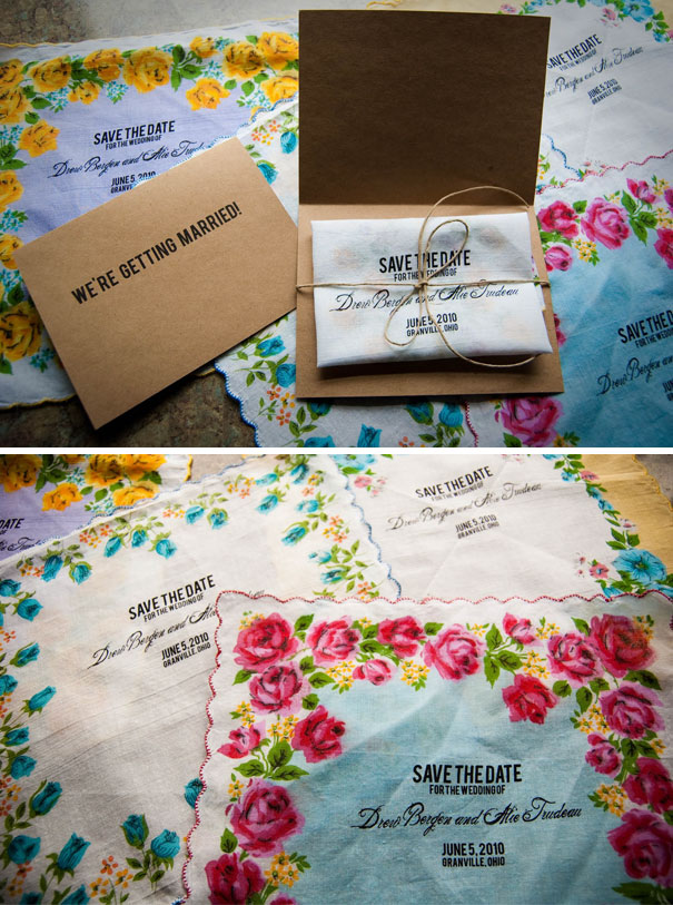 Creative wedding invitations featuring floral fabric save the date cards with rustic kraft paper and twine accents.