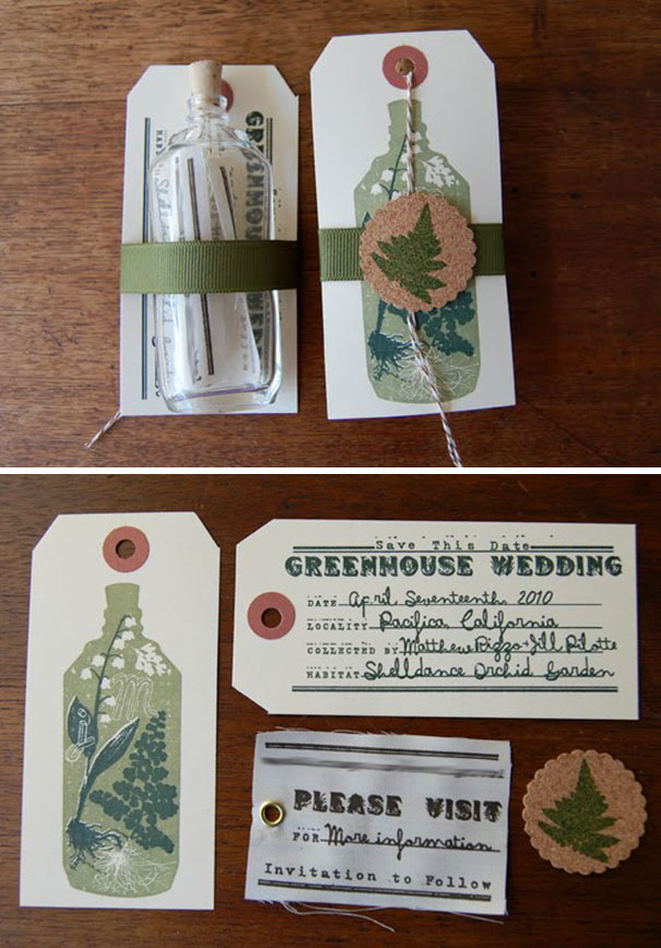 Unique creative wedding invitations featuring botanical designs, vintage labels, and personalized handwritten details on tags.