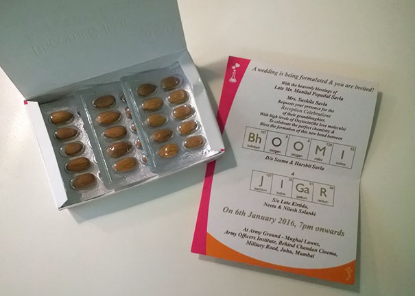 Creative wedding invitation featuring a pill box design and personalized text for a unique wedding invitation idea.