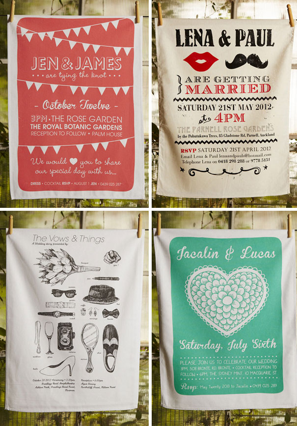 Four unique creative wedding invitations displayed outdoors, featuring artistic designs and personalized details.