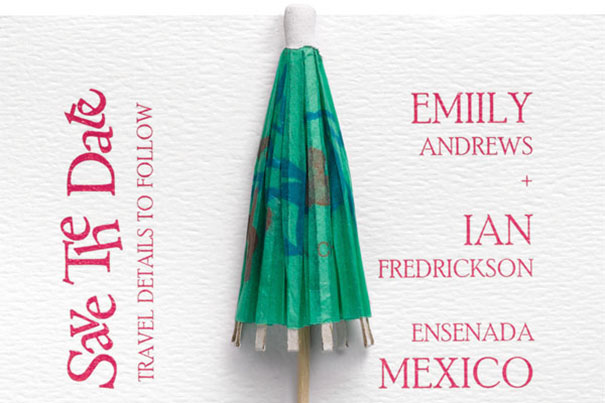 Save the date wedding invitations with creative umbrella design and travel details for a Mexico destination wedding.