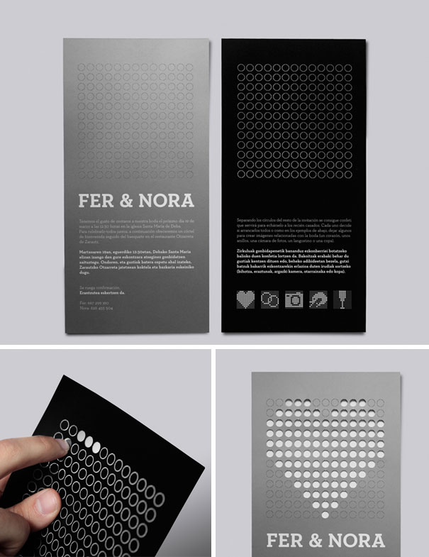 Creative wedding invitations featuring modern black and gray designs with unique perforated heart patterns and elegant typography.
