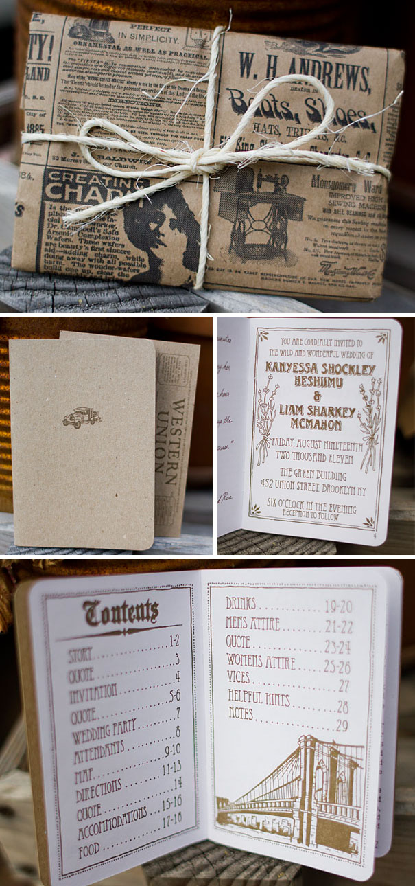 Vintage style wedding invitations wrapped in newspaper print tied with twine, showcasing creative wedding invitation ideas.