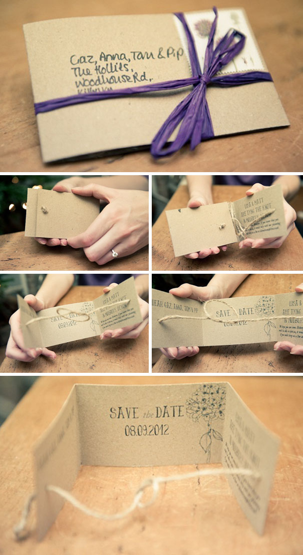 Rustic creative wedding invitations made from kraft paper, tied with purple ribbon, featuring handwritten details and save the date text.
