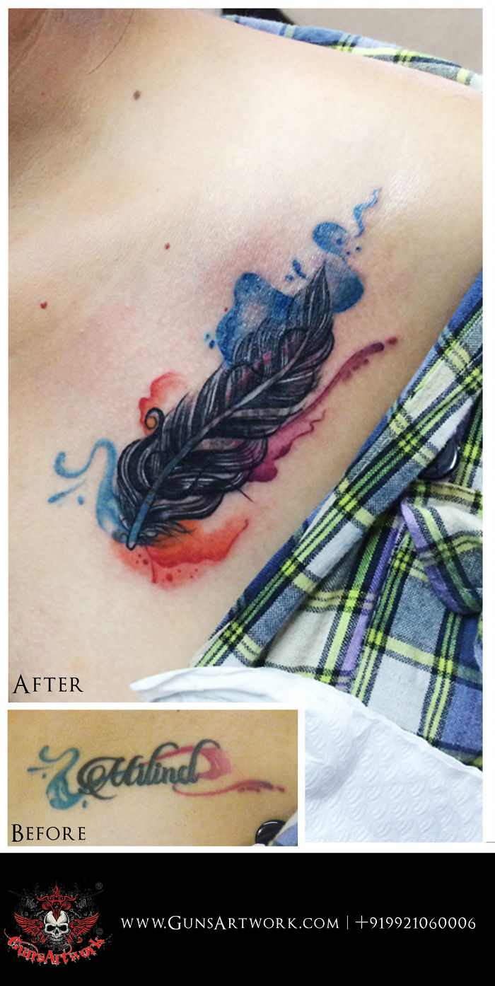 Creative cover-up tattoo of a feather with blue and red ink on a shoulder, transforming an old lettering tattoo.