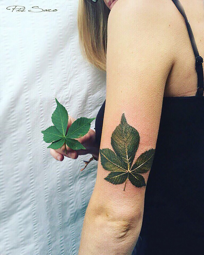 Leaf tattoo on arm, inspired by nature's changing seasons, with real leaf held near tattoo for comparison.