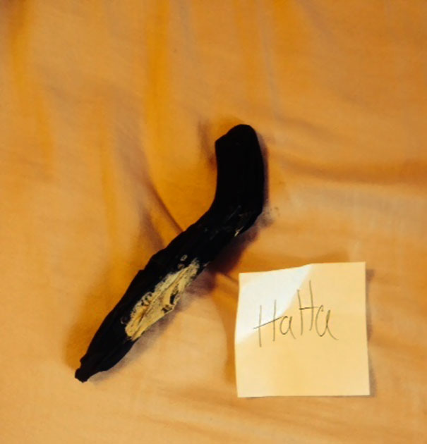 Went To Put On My Boots For The First Time Since Last Fall. I Pulled Out What Looked To Be An Ancient Moldy Banana And This Note In My Mom's Handwriting. I Think I Missed This Joke By About A Year