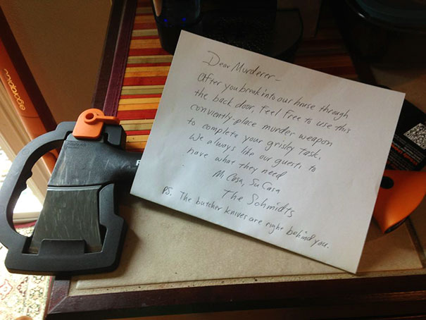 Bought A New Hatchet Yesterday. Came Downstairs To Find This Note On It This Morning. I Think My Dad Is Trying To Teach Me Something About Putting Things Away