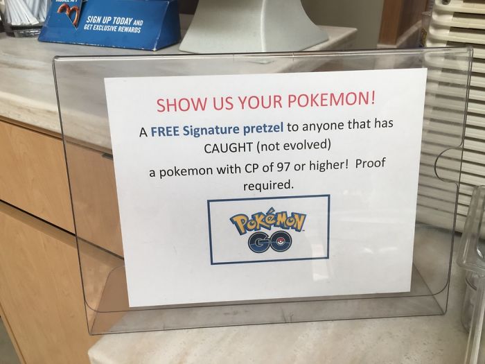 Sign offering a free pretzel for catching a high CP Pokémon in Pokémon Go.