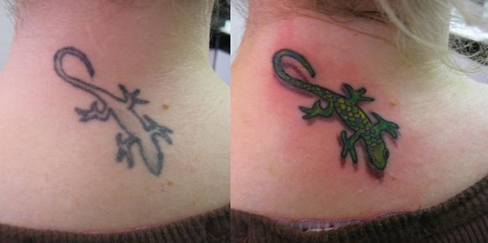 Creative cover-up tattoo of a lizard on neck, transforming a faded outline into vibrant design.