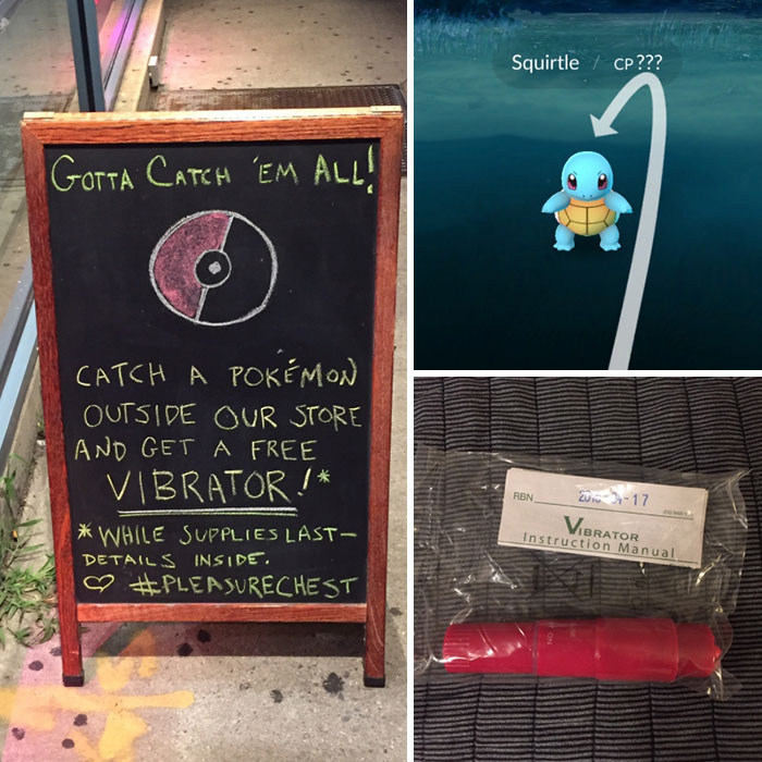 Store offers prizes to Pokemon Go players; chalkboard sign, Squirtle on screen, and red item with manual shown.