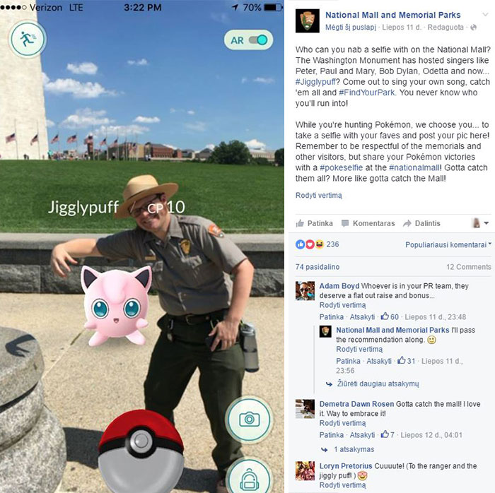 Park ranger taking a selfie with Jigglypuff in Pokemon Go at the National Mall, leveraging the game's craze.