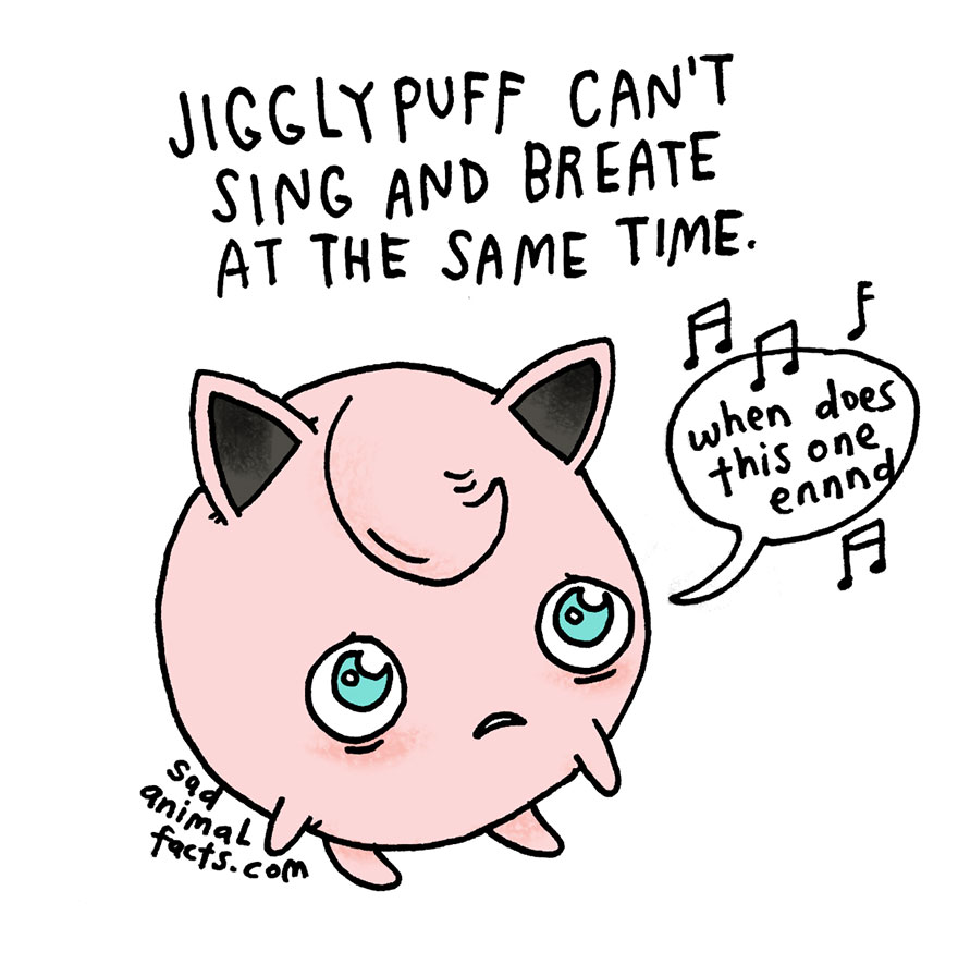 Jigglypuff illustration showing its sad secret of not being able to sing and breathe at the same time.