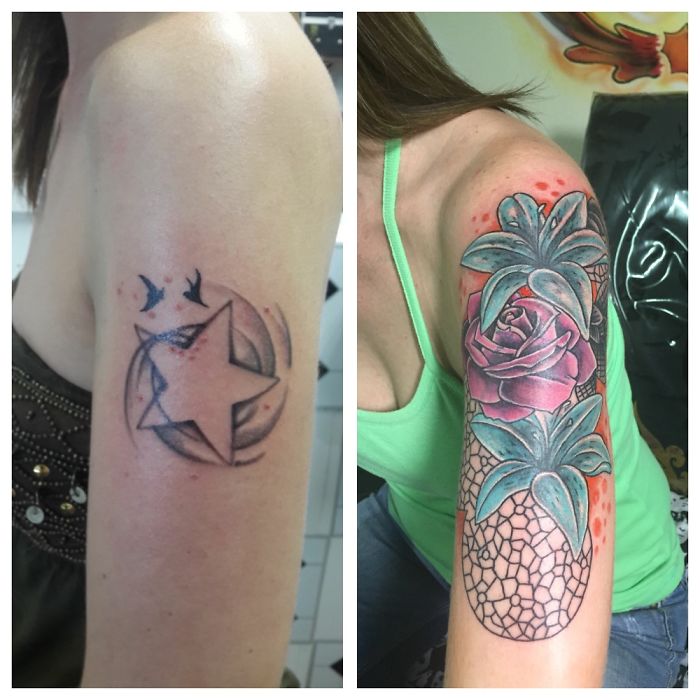 Creative cover-up tattoo transformation from star design to vibrant floral artwork.