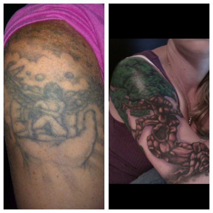 Cover-up tattoo transforming an unclear angel design into a vibrant tree on a person's upper arm.