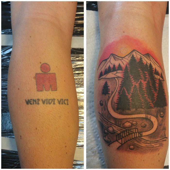 Cover-up tattoo of a scenic mountain trail design, replacing a "Veni Vidi Vici" tattoo on an arm.