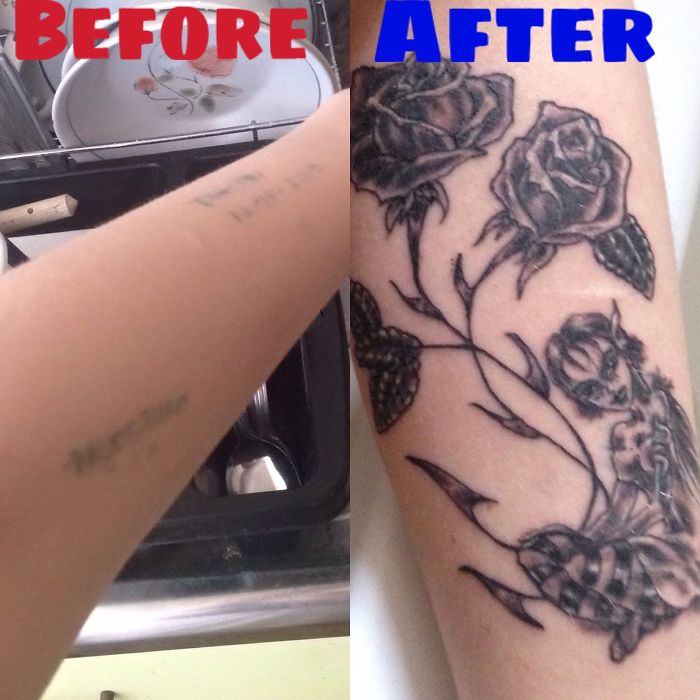 Before and after of a creative cover-up tattoo, transforming faded ink into a detailed black floral design.