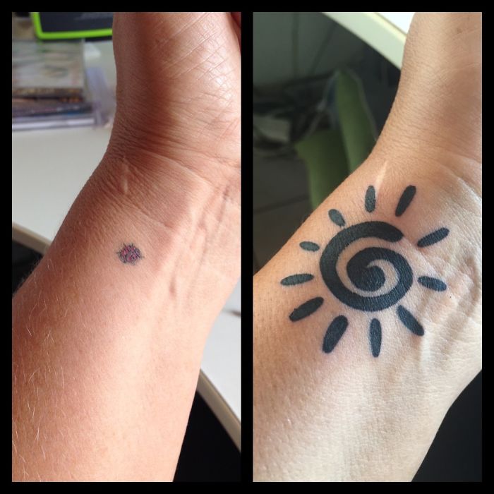 Before and after of a creative cover-up tattoo showing transformation from a small flower to a bold sun design on the wrist.
