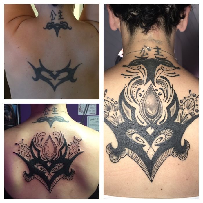 Creative cover-up tattoo transforming a basic neck design into an intricate, detailed artwork across the upper back.