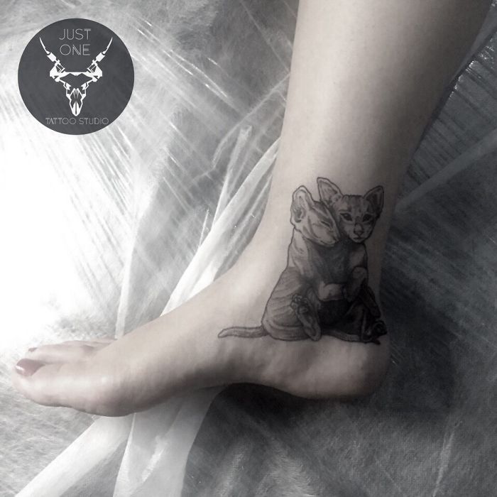 Creative cover-up tattoo of two cats on an ankle.
