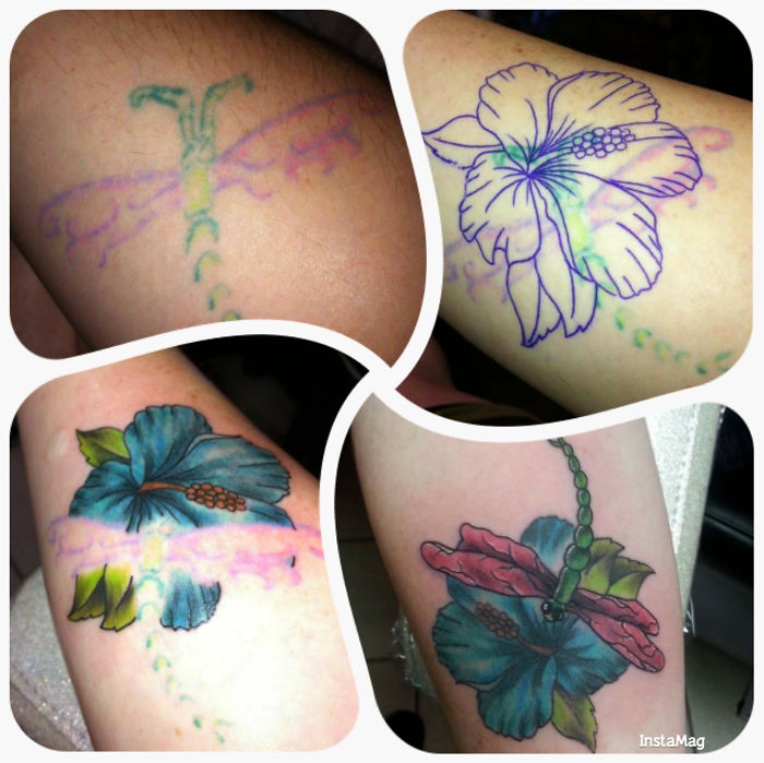 Creative cover-up tattoo transforming a faded design into vibrant hibiscus flowers.