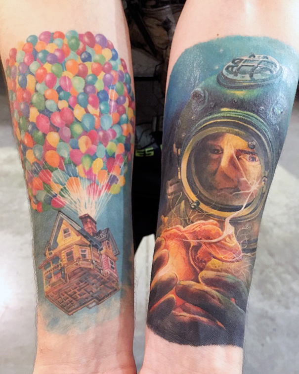 Pixar-inspired tattoos featuring a house lifted by balloons and a deep-sea diver theme on two forearms.